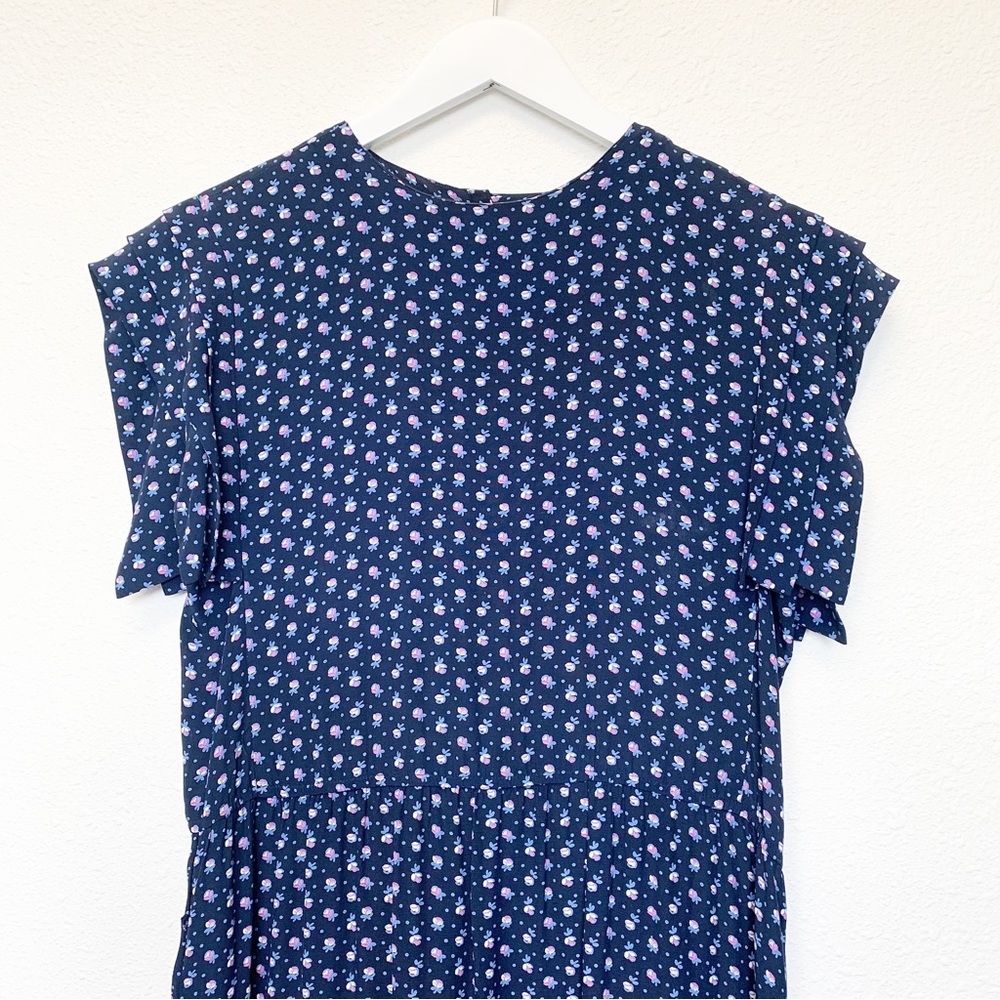 VINTAGE Floral Flutter Sleeve Short Sleeve Midi Dress Navy Blue SIZE M